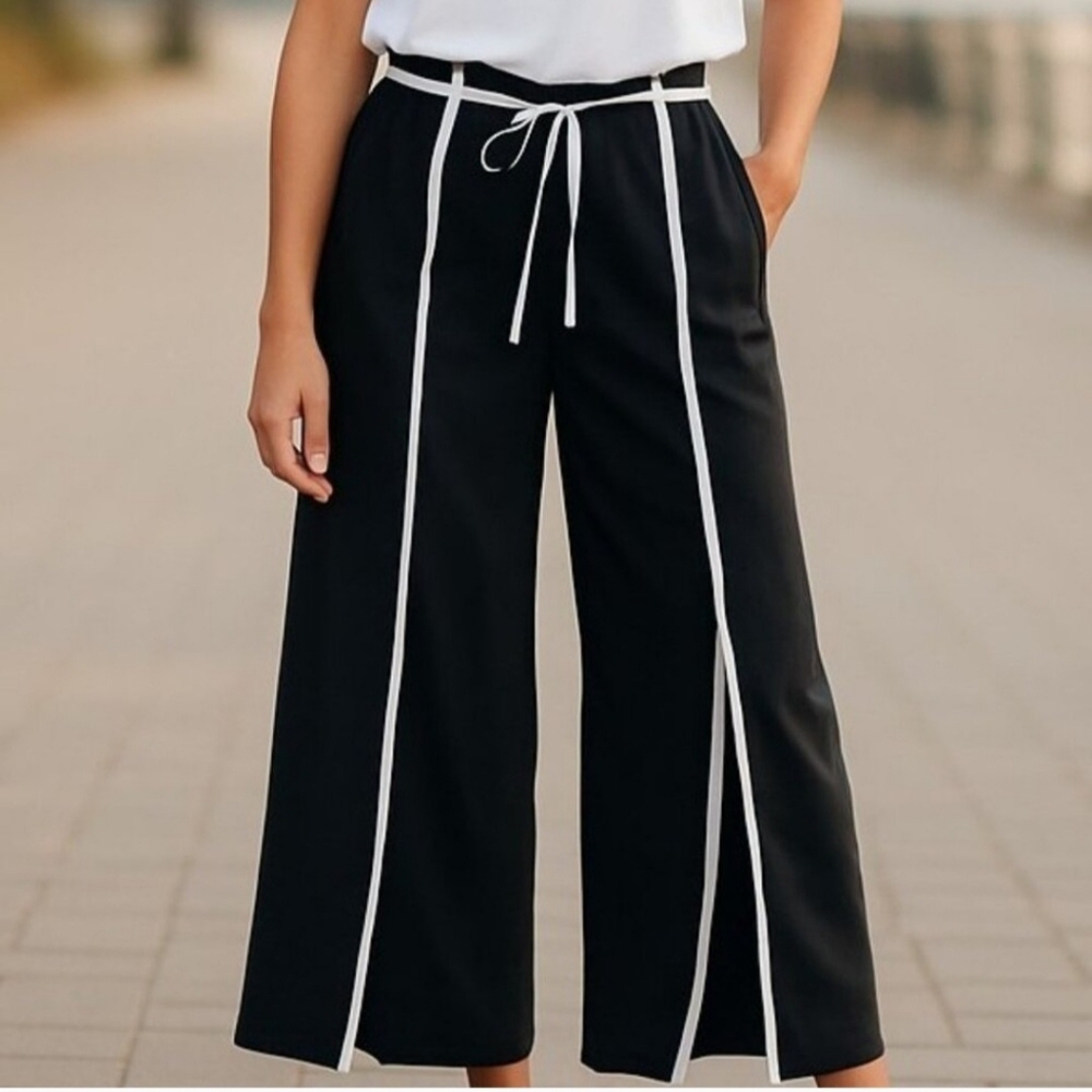 Soncy Split Leg Black Pants W White Trim NWT Size 2 (18/20)